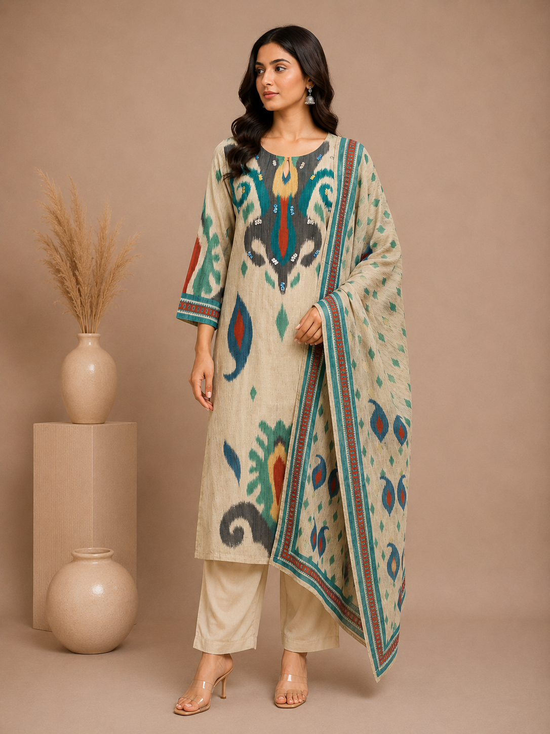 Women's Ikkat Print Chanderi Silk Kurta Pant Set with Dupatta